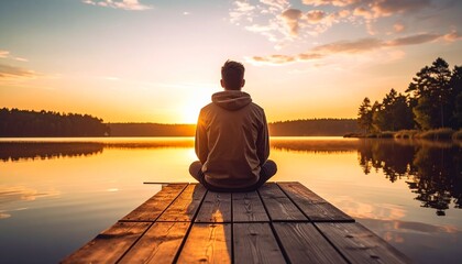 Man traveler sitting on wooden pier by lake at sunrise, peaceful morning scene