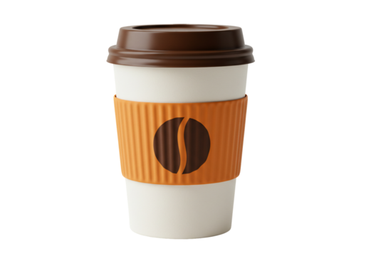 Coffee cup with orange sleeve and coffee bean logo on transparent background