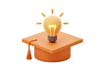 3D Render of a Bright Orange Light Bulb on Graduation Cap Education Concept