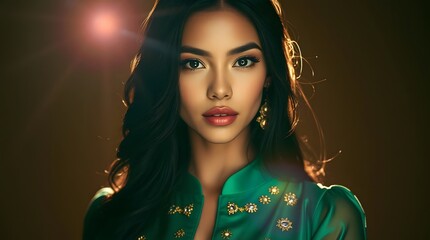 Stylish Young Woman with Jet Black Hair and an Emerald Green Blouse