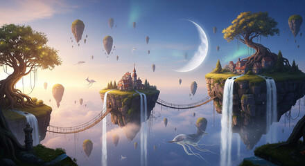 Enchanting fantasy landscape featuring floating islands with waterfalls, ancient trees, and a majestic castle among the clouds