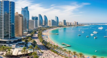Fototapeta premium Panoramic view of Dubai cityscape, beach, and turquoise sea on a sunny day highlighting modern