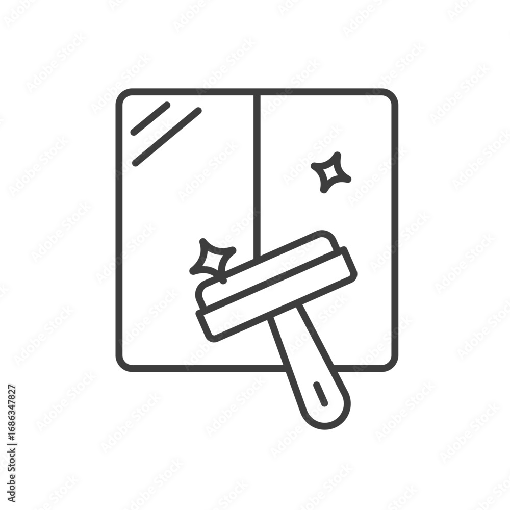 Poster a window with two panes depicted in a line drawing a squeegee is cleaning one pane two sparkles are 