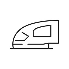 A black line drawing of a train The train has a curved front a window and a flat base. Editable stroke. Icon vector illustration
