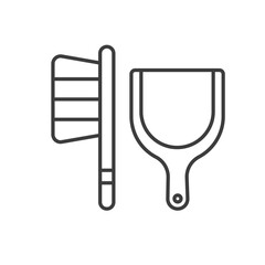 A brush and dustpan icon The brush has bristles The dustpan is handleless with a circular hole. Editable stroke. Icon vector illustration