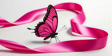 Delicate pink butterfly perched on elegant heart shaped ribbon