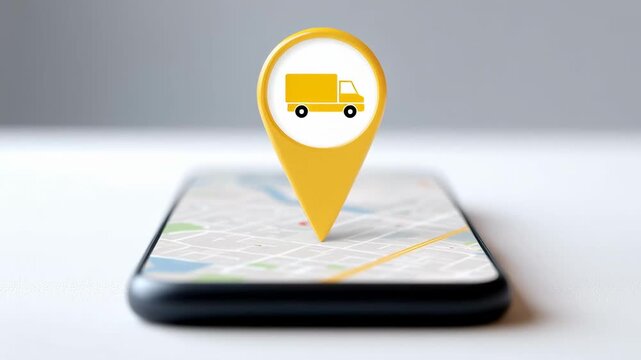 Food delivery online order concept with smartphone map location pin and yellow truck icon for fast service tracking