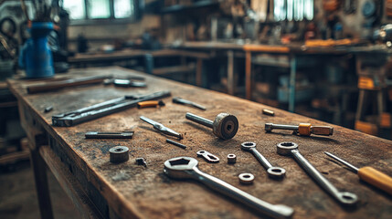 Close-up of assorted metal tools neatly arranged on a modern wooden workshop table. Ideal for DIY, craftsmanship, or woodworking themes.