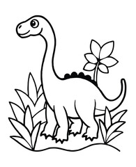 Fototapeta premium Cute cartoon brontosaurus dinosaur outline with plant life in black and white