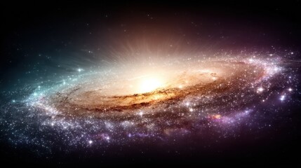 Obraz premium Spiral Galaxy with a Bright Glowing Core, Radiant Light Rays, and Myriad Stars Amid Colorful Nebulas in the Vast Deep Space, Representing Cosmic Majesty and Astronomical Wonders
