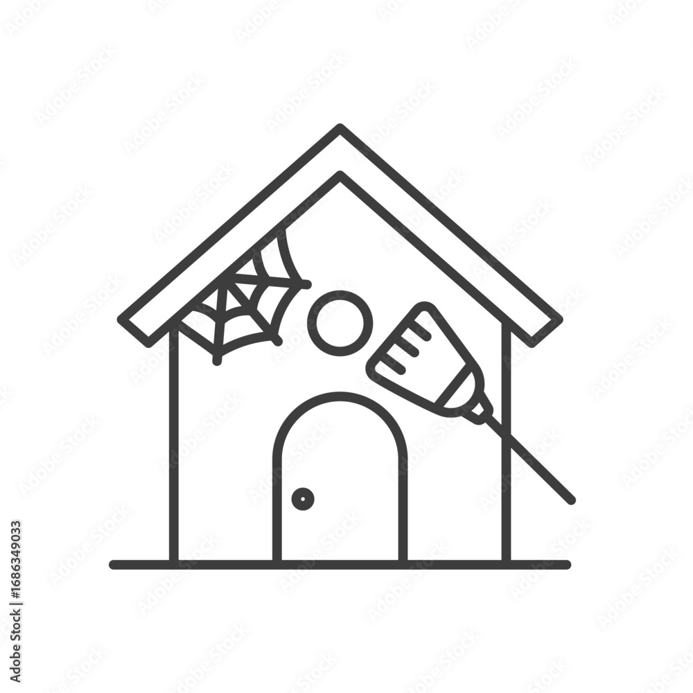Poster black line art of a house with a spiderweb round window and broom. editable stroke. icon vector illu