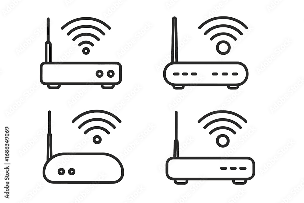 Poster wi-fi router line icon set. wireless internet connection technology concept. modem with signal symbo