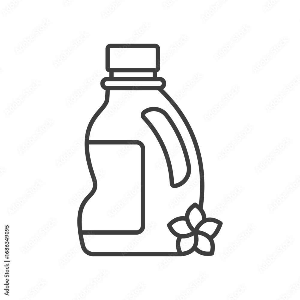 Poster a linedrawing depicts a detergent bottle a rectangular label is on the front and a flower sits below