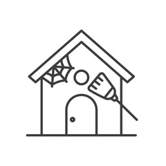 Black line art of a house with a spiderweb round window and broom. Editable stroke. Icon vector illustration