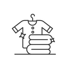An outline of a shirt on a hanger a stack of folded clothing and sparkles on both. Editable stroke. Icon vector illustration