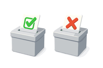 3D ballot box icons for decision making, with green check for yes and red cross for no. Concept for voting, election, survey, poll, opinion, and feedback. Approve or reject.