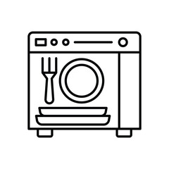 A black and white illustration depicts a dishwasher with dishes and utensils inside. Editable stroke. Icon vector illustration
