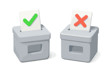 3d ballot box icon with check and cross marks. Concept for voting, election, and decision making. Yes or no choice. Approve and reject survey. Feedback poll symbol. Right wrong.