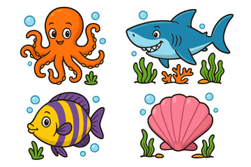 Fototapeta premium Cute marine life cartoon characters set. Adorable sea animals vector illustration collection. Funny octopus, friendly shark, tropical fish and seashell for kids design elements.
