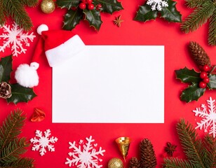 A festive red background with a blank white card in the center, decorated with a Santa hat, pinecones, holly leaves, golden baubles, snowflakes, and evergreen branches