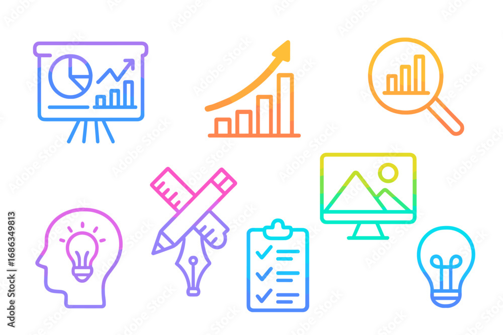 Aufkleber business strategy and creative process icon set. colorful gradient vector graphics for data analytic