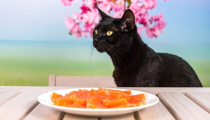 Black cat eyeing salmon on a table