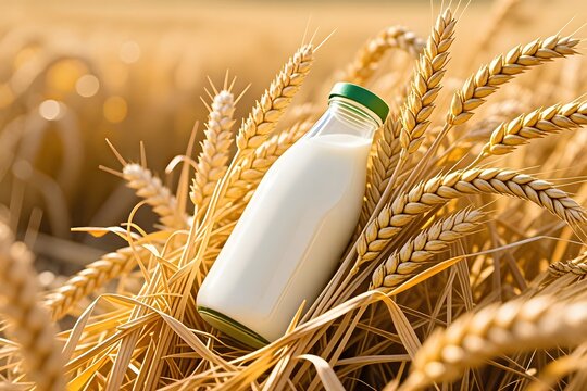 A glass bottle of fresh milk rests among golden wheat stalks bathed in warm sunlight, evoking a sense of natural nourishment and agricultural abundance here now.