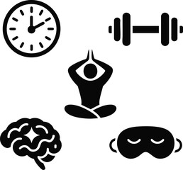 Longevity lifestyle icon set, 5 icons intermittent fasting clock, dumbbell strength, yoga pose, brain with sparkle learning, sleep mask.