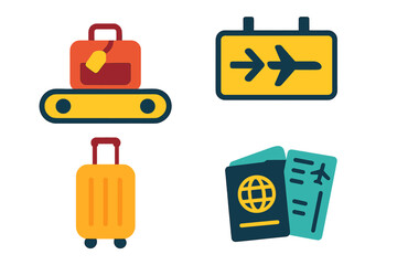 Airport icon set. Baggage handling, luggage, passport, boarding pass, and flight info sign. Concept for travel, vacation, tourism, and international journey. Flat vector.