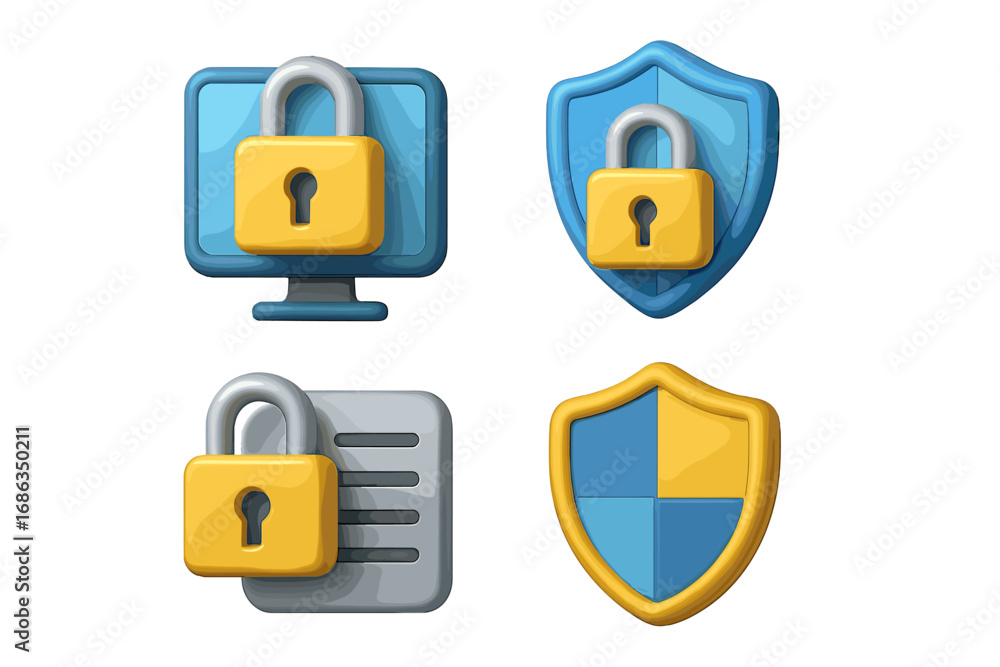 Poster cyber security 3d icon set. data protection and privacy concept. vector cartoon illustration with lo