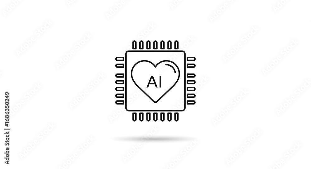 Aufkleber a simple line drawing of a processor with a heart and the letters ai inside on a white background