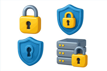 Cyber security 3D vector icon collection. Padlock, shield, and server symbols for data protection, online privacy, network safety, and confidential information security.