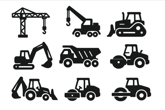 Construction equipment icons set. Heavy machinery silhouette symbols. Vector collection of crane, excavator, bulldozer, dump truck, backhoe loader and road roller vehicles.