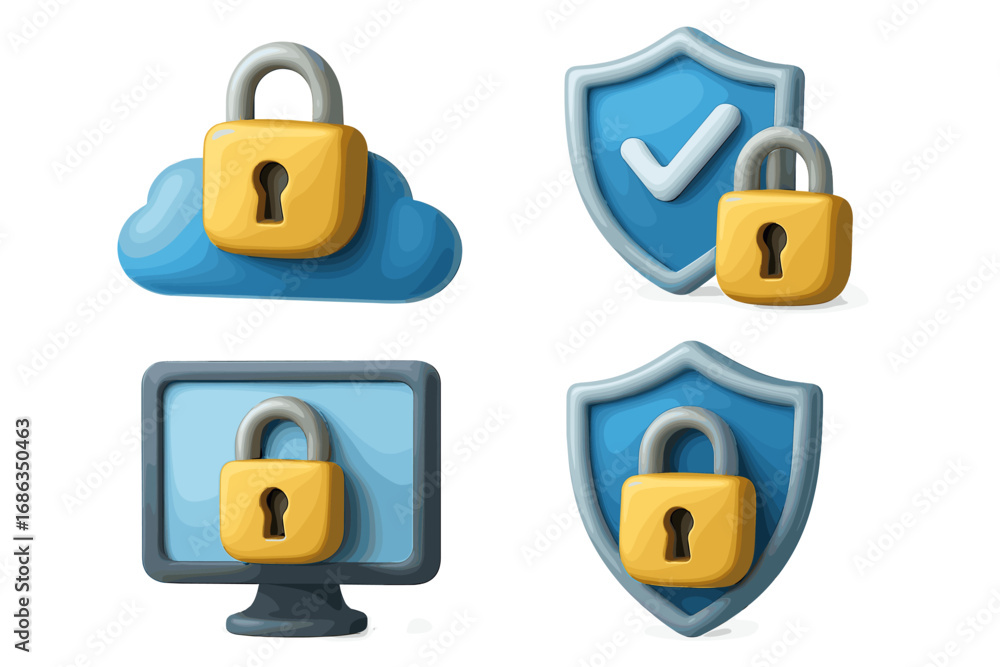 Poster cyber security 3d icon set with lock and shield. vector cartoon for data protection, privacy, intern