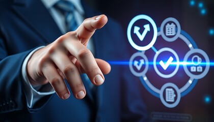 Close-up of businessman's hand interacting with digital workflow and checkmark icons technology interface