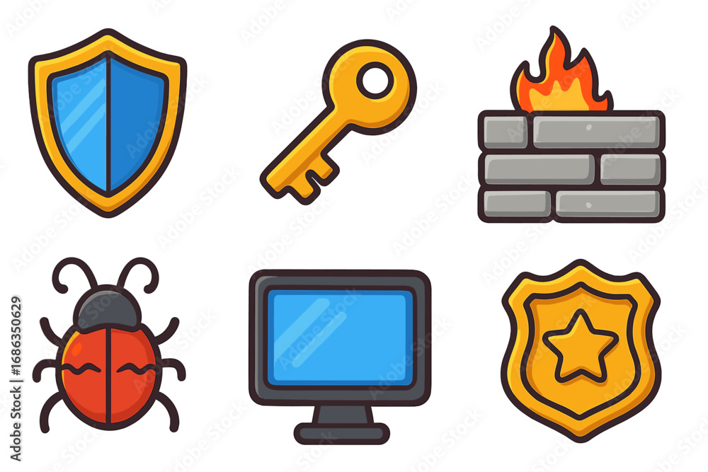 Poster vector cybersecurity flat icon collection. digital protection and computer safety symbols. shield, k