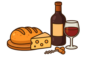 Wine and cheese pairing with fresh bread. Still life vector illustration. Gourmet food, appetizer, picnic concept. Red wine bottle, glass, and corkscrew. Cartoon icon.