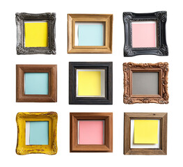 Nine antique-style picture frames, each holding a sticky note of a different color