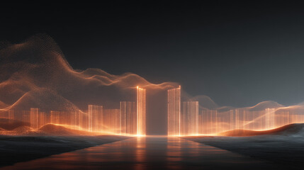 Business data flowing and forming a structured cityscape, representing data compliance and organization.