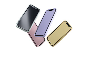 Four smartphones with protective cases in various colors levitate, showcasing diverse hues