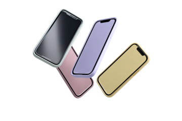 Four smartphones with protective cases in various colors levitate, showcasing diverse hues