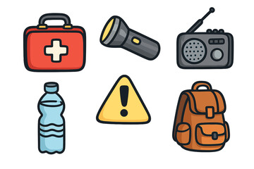 Essential survival and emergency preparedness icon set. Vector collection with first aid kit, flashlight, radio, water, warning sign, and backpack for disaster evacuation.