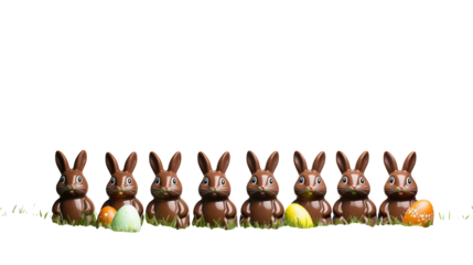 Delightful chocolate Easter bunnies and painted eggs arranged on green grass for festive celebration