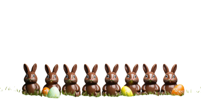 Delightful chocolate Easter bunnies and painted eggs arranged on green grass for festive celebration
