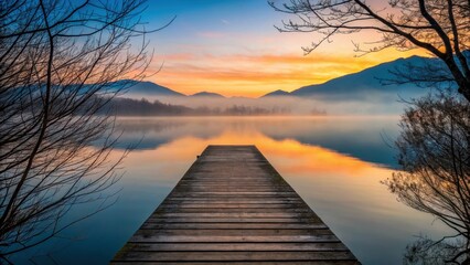 Naklejka premium Sunrise kayaking in Alps lake dock view with misty mountain reflection calm water tranquil mood serene morning light adventure