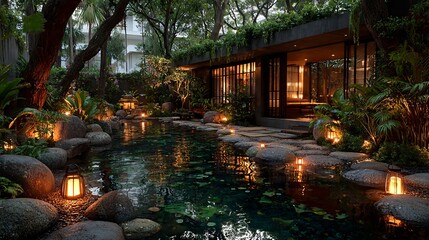 Fototapeta premium Tranquil Garden Oasis with Lush Greenery and Soft Lighting