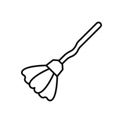 A black outline of a broom is depicted on a white background The broom has a wavy handle and a flared fanlike brush head. Editable stroke. Icon vector illustration