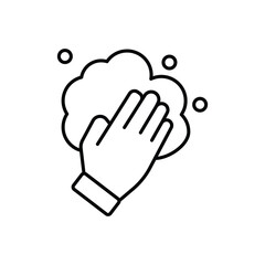 A hand depicted in a linear style touches soapy suds with bubbles floating nearby The hands wrist has a rectangle. Editable stroke. Icon vector illustration
