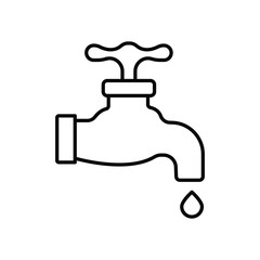 A black outline drawing of a faucet with a dripping water droplet. Editable stroke. Icon vector illustration