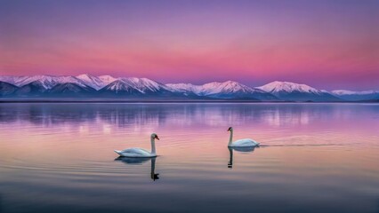 Fototapeta premium Sunrise kayaking in alps glow over calm lake with swan pair serene water mirror pastel sky mountain snow peak peace